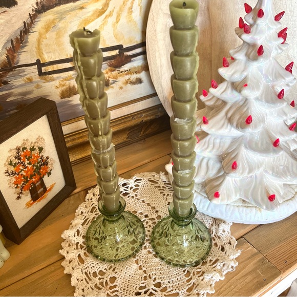Vintage Set of two green glass candlesticks holder - Picture 3 of 6
